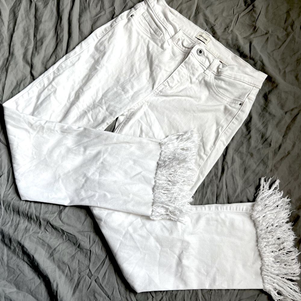 Sneak Peek Mid Rise Kick Flare White Jeans with Frayed Hem